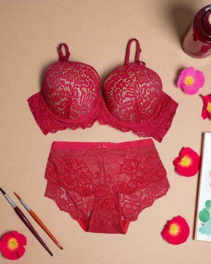 Crimson Red Net Foam Wired Bra Panty Set