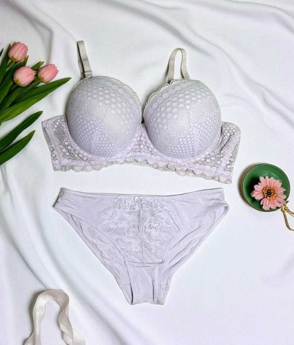 Lavender Gray Net Foam Wired Bra Panty Set