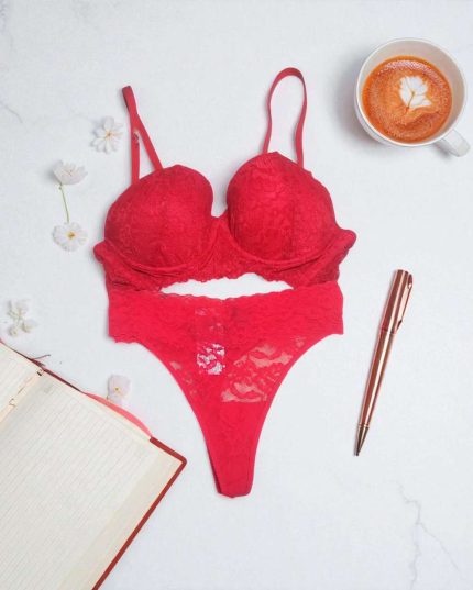 Lipstick Red Net Foam Wired Bra Panty Set