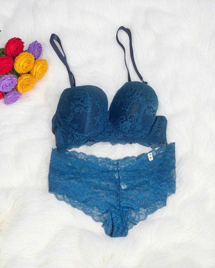 Deep Steel Blue Net Foam Wired Bra Panty Set