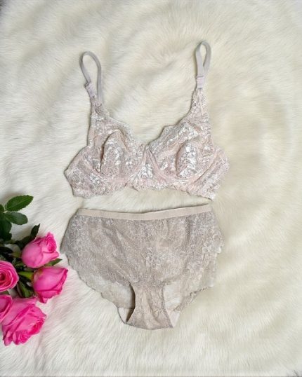 Almond Beige Net Wired Bra Panty Set