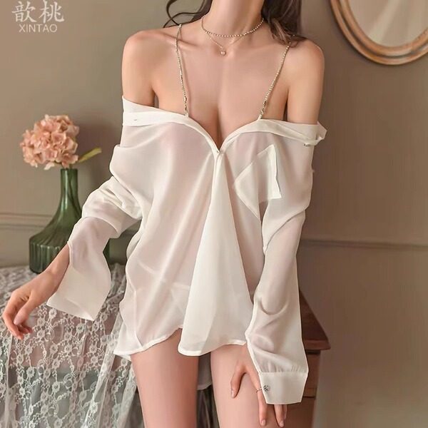 See Through Camisole Chiffon Shoulder Shirt Nightdress 8
